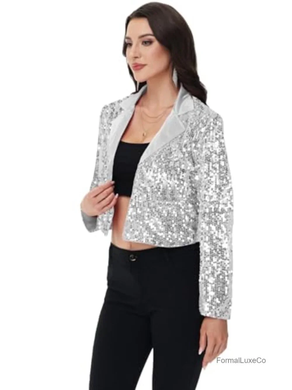 Sparkly Sequin Blazer Jacket Long Sleeve Open Front Cropped Party Club Cardigan